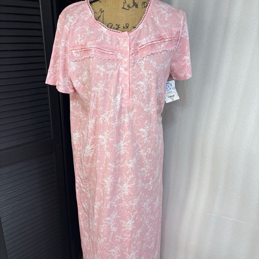 Adonna Sleepwear Womens Size M Pink Floral Print Lace Trim Rose Toile gown